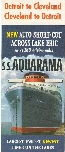 Aquarama Facts (from 1952): 520 ft. long 71 ft. 6 in. beam, 9 decks high. Displaces 10,600 tons, 10,000 horsepower  oil fired, turbine propelled, single screw. Cruising speed 22 mph. All-steel construction, fire-resistant furnishing. Radio, gypo pilot, radio-direction-finder, ship-to-shore phone, closed circuit television. Accommodations for 2,500 passengers. Two decks for auto transport.