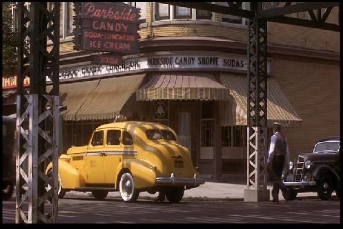 Image from the film: Parkside Candies on Main Street. Note Chicago "El" structural supports (1983)